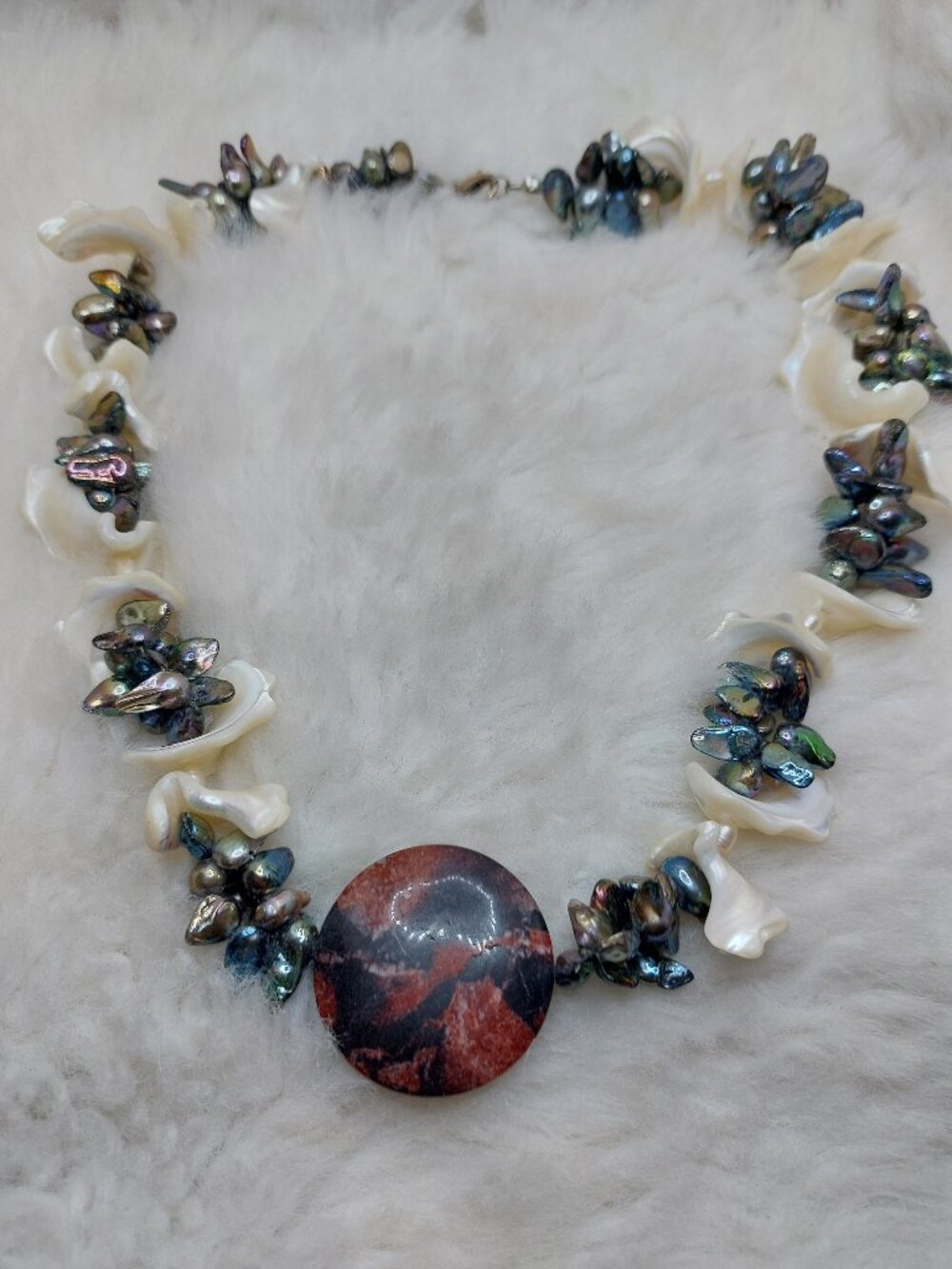 Artisan Keshi Pearl & White Shell Necklace with Gemstone Pendant